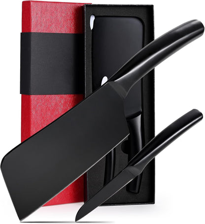 Chopping Knife and Fruit Knife,Black Ti Coating Kitchen Knife Set Meat Bone Chopper Meat Knives Paring Knives with Anti-Slip Hollow Handle1