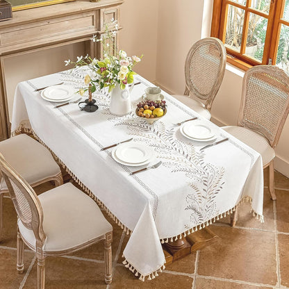 Rectangle Tablecloth 55" X 75", Farmhouse Linen Style Table Cloth with Brown Fern Embroidery & Tassels, Heavy Weight Wrinkle & Spill Resistant Table Cover for Dining Kitchen (4-6 Seats)8