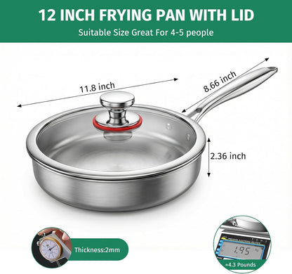 12 Inch Tri-Ply Stainless Steel Frying Pan with Lid, 5Pcs Skillet | PFOA Free, Oven & Dishwasher Safe, Induction Cooking Pan, Fast & Even Heat, Detachable Handle2