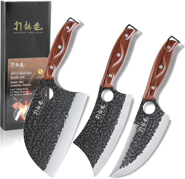3PCS Butcher Knife Set, 7" Butcher Meat Cleaver, 7" Serbian Chef Knife and 6.5" Viking Knife, Hand Forged Kitchen Knife Set with Plastic Handle, Geat for Home, Camping, BBQ (Unique Finger Hole Design)1