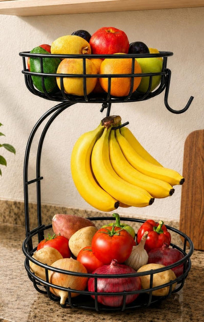 2 Tier Modern Fruit Basket for Kitchen Counter with 2 Banana Hook | Space-Saving Vertical Storage for Veggies, Bread, Snacks, Fits under Cabinets, Includes Protective Mats to Prevent Bruising1