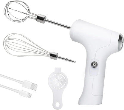Cordless Hand Mixer, Handheld Electric Whisk with 3 Speed Modes, Hand Held Egg Beater with 2 Detachable Stir Whisks (White Silver)1