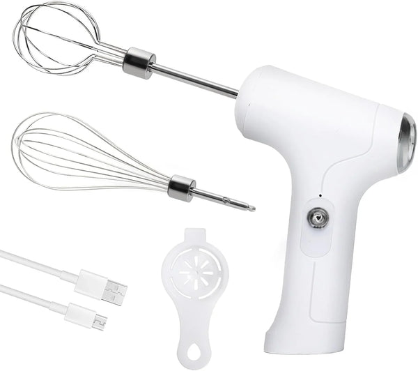 Cordless Hand Mixer, Handheld Electric Whisk with 3 Speed Modes, Hand Held Egg Beater with 2 Detachable Stir Whisks (White Silver)1