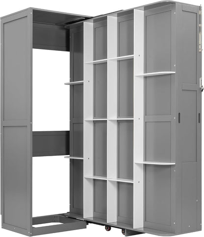 Rotating Queen Murphy Bed with Hidden Storage Racks, Space-Saving Multifunctional Wall Bed for Home Office & Small Rooms (Gray#62)7
