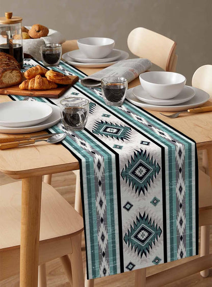 Turquoise Aztec Table Runner 36 Inches Long for Dining Decor,Southwestern Native American Indian Print Burlap Linen Farmhouse Table Runner Washable Coffee Tablerunners Dresser Scarf for Kitchen Party6
