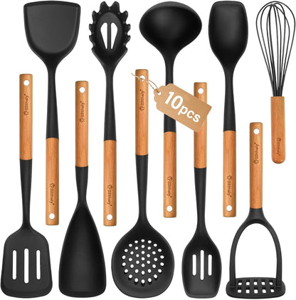 Large Silicone Cooking Utensils Set, 10Pcs Nonstick Kitchen Utensil Set with Wooden Handle, Heat Resistant Silicone Utensils for Cooking, BPA Free Spatula Set with Turners Spoon Ladle Skimmer(Black)1