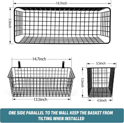 4 Set [EXTRA LARGE] Hanging Wall Mount Storage Baskets with Adhesive Hooks & Steel Hooks, Multiuse Sturdy Wire Metal Organizing Baskets for Home Kitchen Bathroom Pantry Utility Organizer, Black4