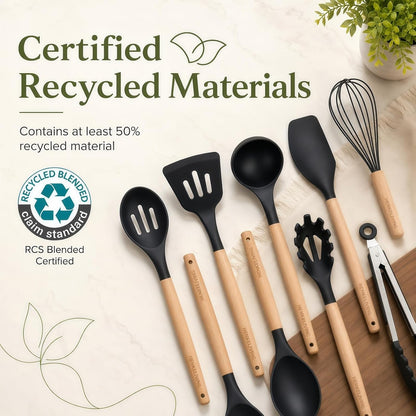 Silicone 10 Pcs Kitchen Cooking Utensils Set, Recycled Materials Certification, BPA Free Spatula Set with Heat Resistant Wood Handles for Nonstick Cookware, Black7