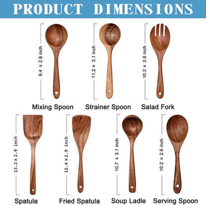 Wooden Non-Stick Kitchen Pan Toolset 7 Pieces Set, Natural Kitchen Utensils Spatula, Wooden Cooking Utensils Spoons, Fried Spatula and Salad Fork2