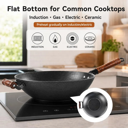 12.6 Inch Cast Iron Wok with Wooden Lid, Handcrafted Flat Bottom Chinese Stir Fry Pan, Uncoated Heavy-Duty Iron Wok for Induction, Gas, Electric & Ceramic Stoves | Uncoated Cast Iron Wok with Wood Lid for Induction, Gas and Electric Stoves; Season before Use.4
