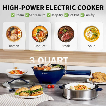 3-Quart Electric Hot Pot & Wok Nonstick with Steamer | Electric Skillet 1200W for Dorm, Home, Gifts (Includes Silicone Spatula) Multi-Cooker2