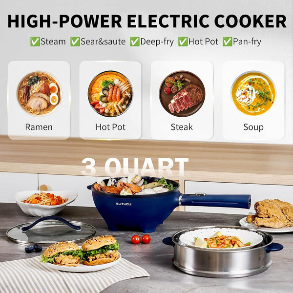 3-Quart Electric Hot Pot & Wok Nonstick with Steamer | Electric Skillet 1200W for Dorm, Home, Gifts (Includes Silicone Spatula) Multi-Cooker2
