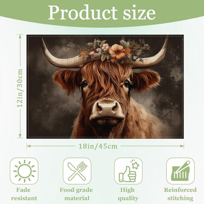 Highland Cow Floral Placemats Set of 6, Washable Heat Resistant Table Mat Animal Linen Place Mats for Party Kitchen Dining Home Decor 12X18 Inch2