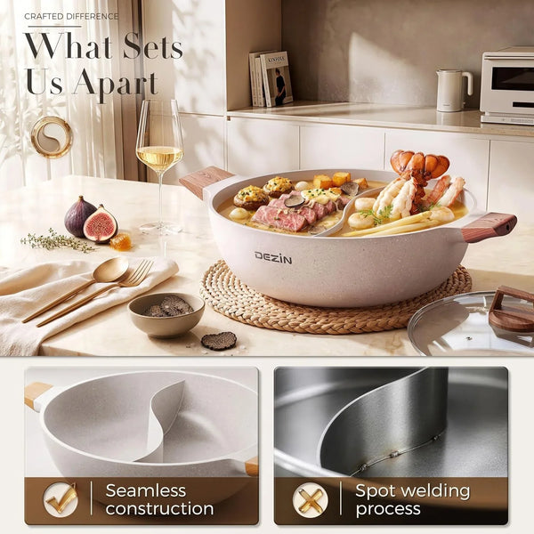 5-QT Hot Pot with Divider, Double-Flavor Shabu Shabu Pot, Divided Pot | Nonstick Granite Pot, 12"Divided Stockpot, Compatible with Induction Cooktop, Gas/Ceramic/Electric Stove, Soup Ladle Included3