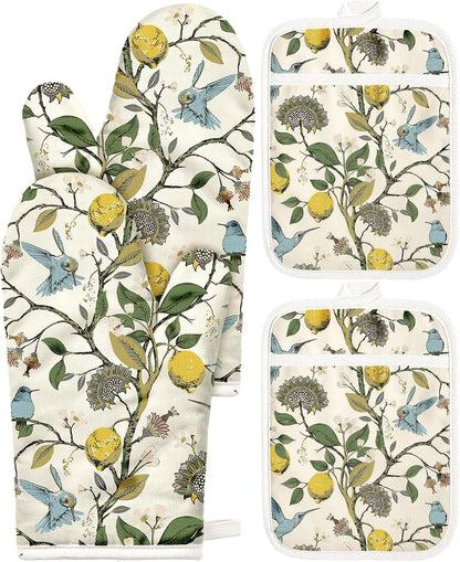 Cotton Oven Mitts and Pot Holders Sets, Lemon Songbird1