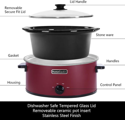 8 Quart Slow Cooker Oval Manual Pot Food Warmer with 3 Cooking Settings, Red Stainless Steel3