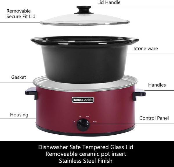 8 Quart Slow Cooker Oval Manual Pot Food Warmer with 3 Cooking Settings, Red Stainless Steel3