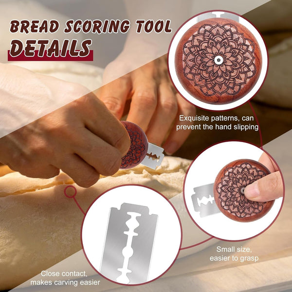 1+10 Pcs Sourdough Bread Lame Scoring Tool, Best Bread Lame Cutter for Sourdough Bread Lame Wooden Bread Lame Dough Scoring Tool Include 10 Razor Blades and Storage Cover3