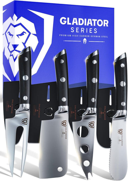 Charcuterie & Cheese Knife Set-4Pc-Gladiator Series Elite-Mini Cleaver, Serrated,Round-Tip,Forked Cheese Knives Set-G10 Handle-Soft & Hard Cheese-Sheath-Nsf Certified1