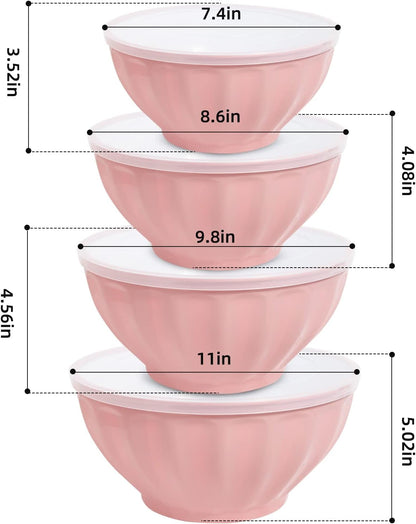 Mixing Bowls with Lids Set,4 Piece Large Plastic Nesting Bowls,Includes 4 Microwave Safe Mixing Bowl and an Egg Whisk for Kitchen Prepping,Baking,Cooking Food, Pink7