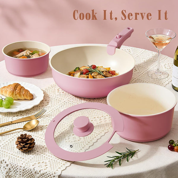 Pots and Pans Set Non Stick, 21 Pcs Nonstick Ceramic Cookware Set, RV Kitchen Cooking Set with Detachable Handles, Oven Safe, Induction Cookware, Stackable, Pink, PFAS PFOA & PTFE Free8