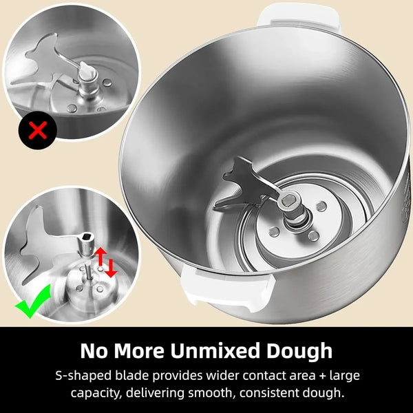 Stainless steel dough mixer bowl with S-shaped mixing blade for consistent dough.7