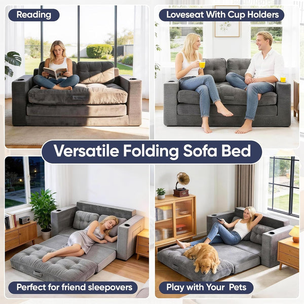 63'' Loveseat Sleeper Sofa Bed, Boneless Convertible Corduroy Pull Out Couch with Cup Holders and 2 Pillows, Space Saving Sofa Bed for Small Spaces, Living Room, Bedroom (Grey)7