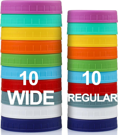 10 WIDE Mouth & 10 REGULAR Mouth Mason Jar Lids - 20 Pack Food Grade Plastic Mason Jar Caps for Ball, Kerr and More Canning Jars - Leakproof & Dishwasher Safe - Multicolor1