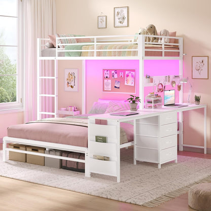 Bunk Bed Twin over Full with Drawers, 2 Person Desk, White1