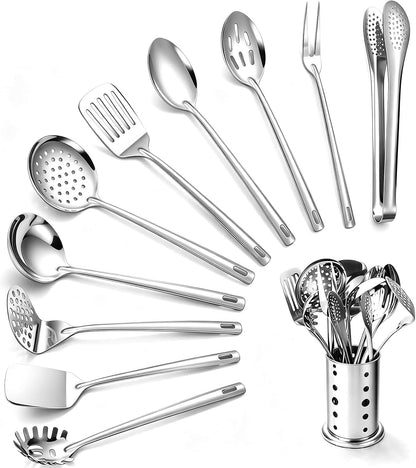 Kitchen Utensils Set, 11Pcs Stainless Steel Cooking Utensils Set with Holder – Includes Turners, Potato Masher, Spatula, Spoons, Pasta Server, Tongs, Soup Ladle, Serving Spoon1