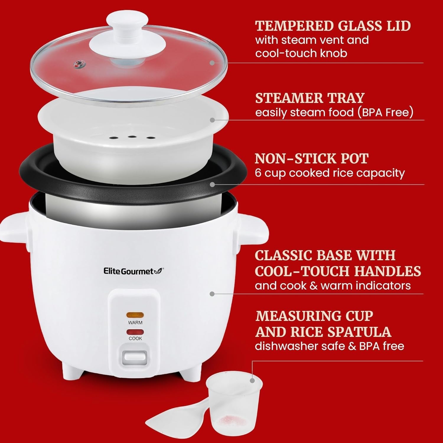 rice-cooker-steamer-non-stick-pot-white-6-cups-cooked-includes-steam-tray-keep-warm-3-cups-uncooked-also-makes-soups-stews-grains-and-cereals
