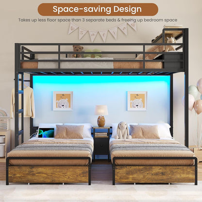 Triple Bunk Bed for Kids with Storage Drawers and Charging Station Twin over Twin Metal Bunk Bed with Storage Shelves and Box,3 Beds with Guardrails and Ladder, No Box Spring Needed, Black3