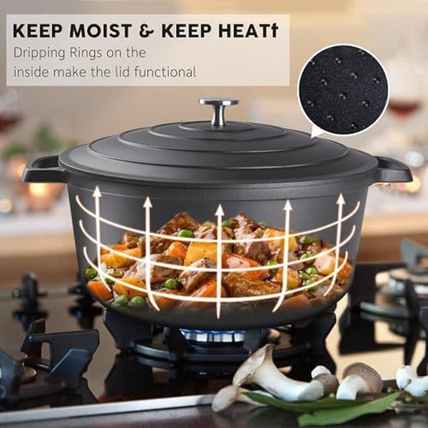 Large Dutch Oven Pot with Lid-7.5Qt Cast Aluminum Oven Pot with Two Handles Lightweight for Bread Baking Braising and Roasting(Black)5
