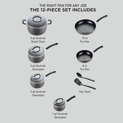 Ultimate Hard Anodized Nonstick Cookware Set 12 Piece, Oven Broiler Safe 400F, Lid Safe 350F, Kitchen Cooking Set W/Fry Pans, Saucepans, Dutch Oven, Pots and Pans, Dishwasher Safe, Onyx2