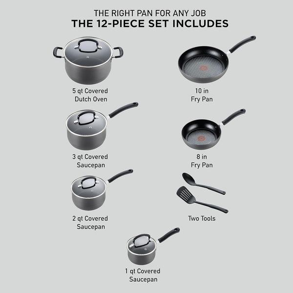 Ultimate Hard Anodized Nonstick Cookware Set 12 Piece, Oven Broiler Safe 400F, Lid Safe 350F, Kitchen Cooking Set W/Fry Pans, Saucepans, Dutch Oven, Pots and Pans, Dishwasher Safe, Onyx2