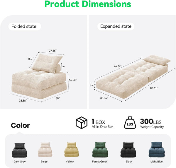 3-In-1 Folding Sofa Bed, Convertible Sleeper Chair Bed, Beige2