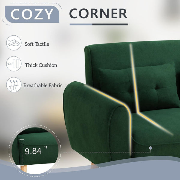 48'' Loveseat Sofa, Mid-Century Modern Upholstered Couch Deep Seat with 2 Pillows, 10" Thick Cushion with Spring, Solid Wood Frame Small Couch for Living Room, Dorms & Office, Green4