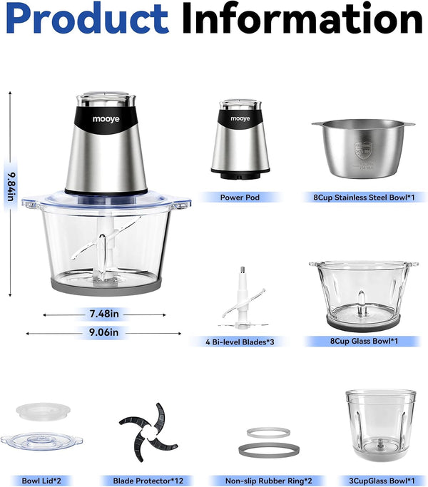 Food Processor Electric Food Chopper with Meat Grinder & Vegetable Chopper - 3 Bowls(8Cup+8Cup+3Cup) with Powerful Copper Motor - Includes 3 Sets of Bi-Level Blades for Fruits/Meat/Nuts8