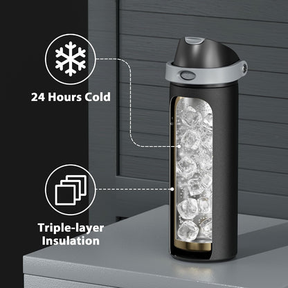 24 Oz Insulated Water Bottle for Sports:  Stainless Steel Water Bottle with 2-In-1 Straw and Spout Lid - Leak Proof, Cold for 24 Hours, Fits in Car Cup Holder, Bpa-Free for Travel Gym, Night4