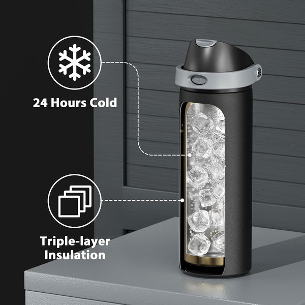 24 Oz Insulated Water Bottle for Sports:  Stainless Steel Water Bottle with 2-In-1 Straw and Spout Lid - Leak Proof, Cold for 24 Hours, Fits in Car Cup Holder, Bpa-Free for Travel Gym, Night4