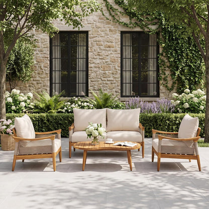 Havets 4 Piece Patio Conversation Sets, Outdoor Acacia Wood Patio Seating Group,Woven Rope Loveseat Chairs with Cushions and Coffee Table for Porch Backyard Balcony, Teak+Beige1