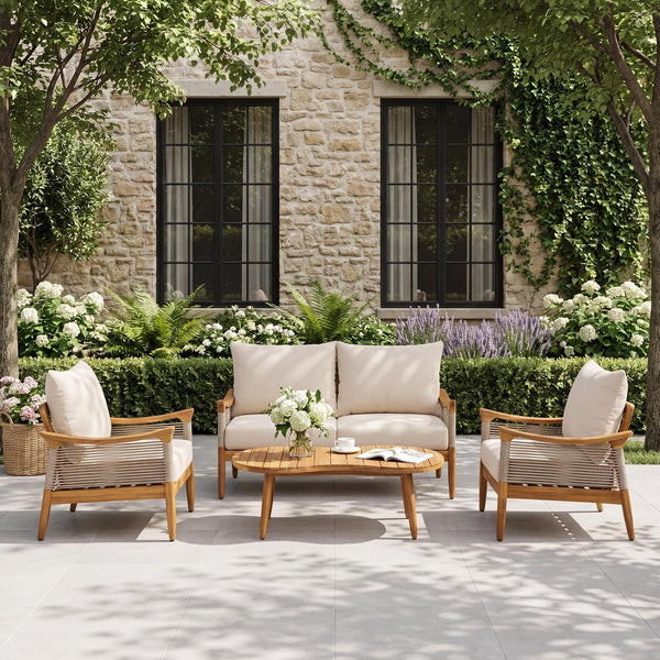 Havets 4 Piece Patio Conversation Sets, Outdoor Acacia Wood Patio Seating Group,Woven Rope Loveseat Chairs with Cushions and Coffee Table for Porch Backyard Balcony, Teak+Beige1