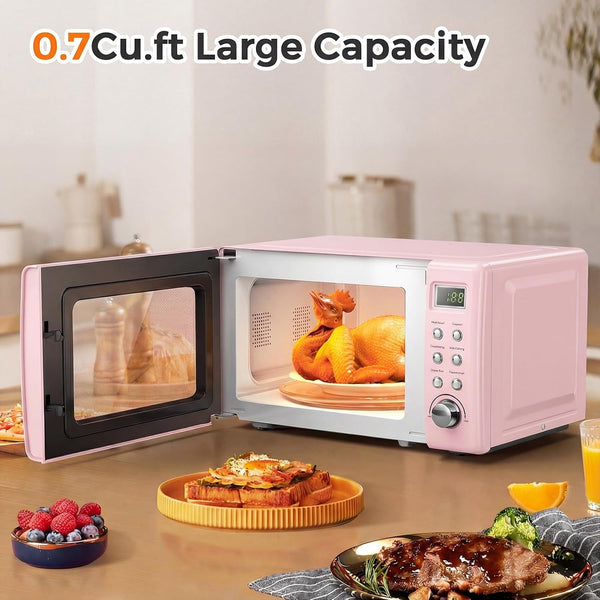 Retro Microwave 0.7Cu.Ft, 700 Watt Countertop Microwave | 5 Micro Power Defrost, Auto Cooking Function, LED Display, Child Lock, Pink Small Microwave for Kitchen, RV, Dorm5