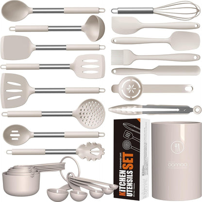 Large Silicone Cooking Utensils Set - Heat Resistant Kitchen Utensils,Turner Tongs,Spatula,Spoon,Brush,Whisk,Stainless Steel Cooking Tool for Nonstick Cookware,Dishwasher Safe (Khaki)1