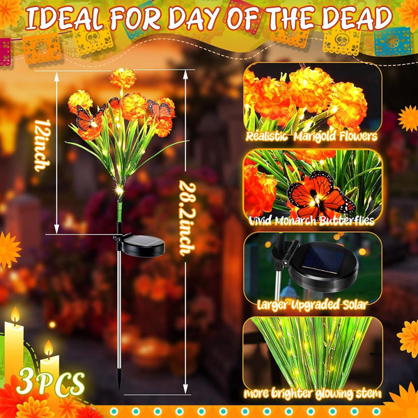 3 Pack 29'' Solar Marigold Lights, Day of the Dead Outdoor Yard Decor3