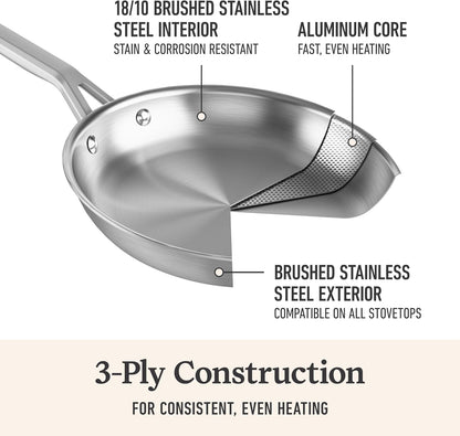 Calphalon Brushed 3-Ply Stainless Steel Cookware Set W/Turbo Heat Tech 10-Piece Set Includes Frying Pans, Pots and Pans Set, Induction, Oven Safe 450F, Brushed Stainless Silver3