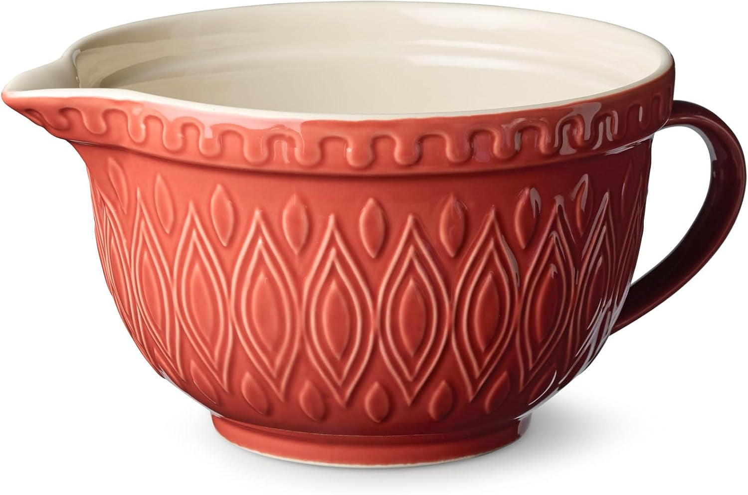 vintage-farm-stoneware-batter-bowl-2-5-quart-capacity-10-5x8x5-inch-embossed-rustic-red-design-with-handle-spout-durable-farmhouse-style-mixing-bowl-for-baking-cooking-dishwasher-safe