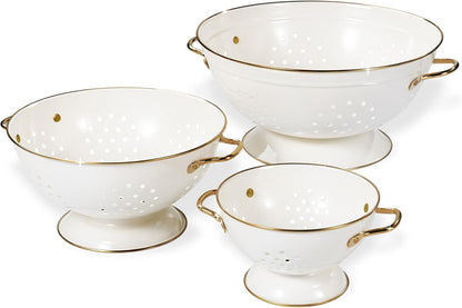 Metal Colander Set of 3, Strainer Basket with Handles Perfect for Spaghetti, Pasta, Berry, Vegetable, Fruit, Solid Base Powder Coated Kitchen Essential Strainer Set, 1 & 3.5 & 5 Qt (Cream)1