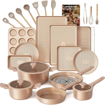 Pots and Pans Set Nonstick, 26 Pcs All-In-One Kitchen Starter Set with Cookware, Bakeware & Silicone Utensils, Non Toxic Ceramic Coating, Induction & Oven Safe, PFOA PFOS Free, Gold1
