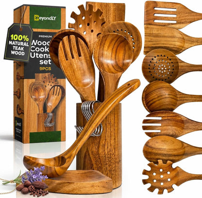 9-Piece Wooden Cooking Utensils Set with Ergonomic Handles – Natural Teak Wood Kitchen Utensils – Non-Scratch Cooking Spoons, Spatula, Ladle, Skimmer, Pasta Server – Safe for Nonstick1